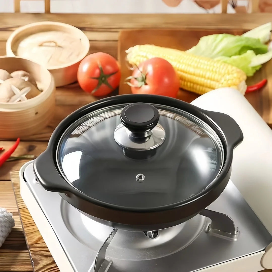 1 ceramic clay pot with lid - Traditional Asian style restaurant grade clay pot for cooking delicious rice, shallow stone bowl