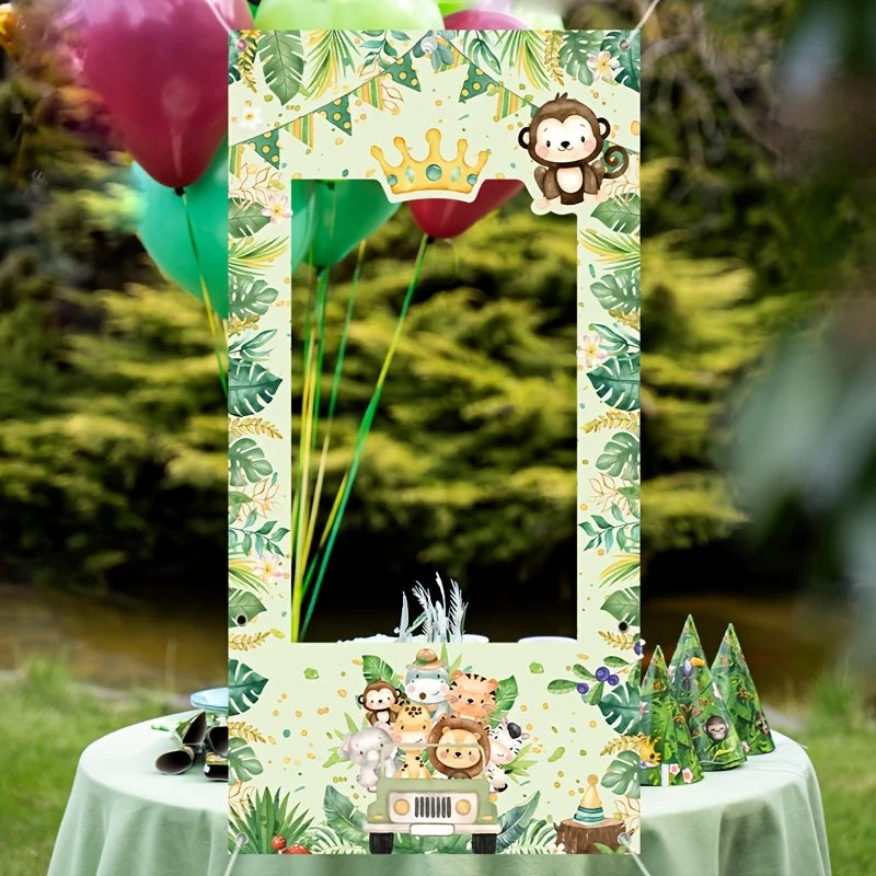 1 Jungle Safari animal birthday party photo background - with cartoon monkey, tiger and bear designs