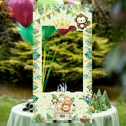1 Jungle Safari animal birthday party photo background - with cartoon monkey, tiger and bear designs