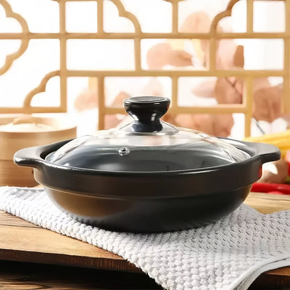 1 ceramic clay pot with lid - Traditional Asian style restaurant grade clay pot for cooking delicious rice, shallow stone bowl