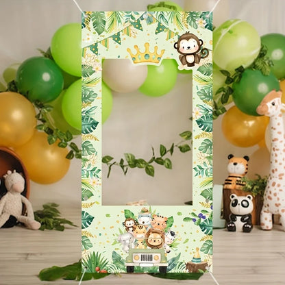 1 Jungle Safari animal birthday party photo background - with cartoon monkey, tiger and bear designs