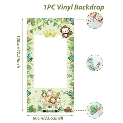 1 Jungle Safari animal birthday party photo background - with cartoon monkey, tiger and bear designs