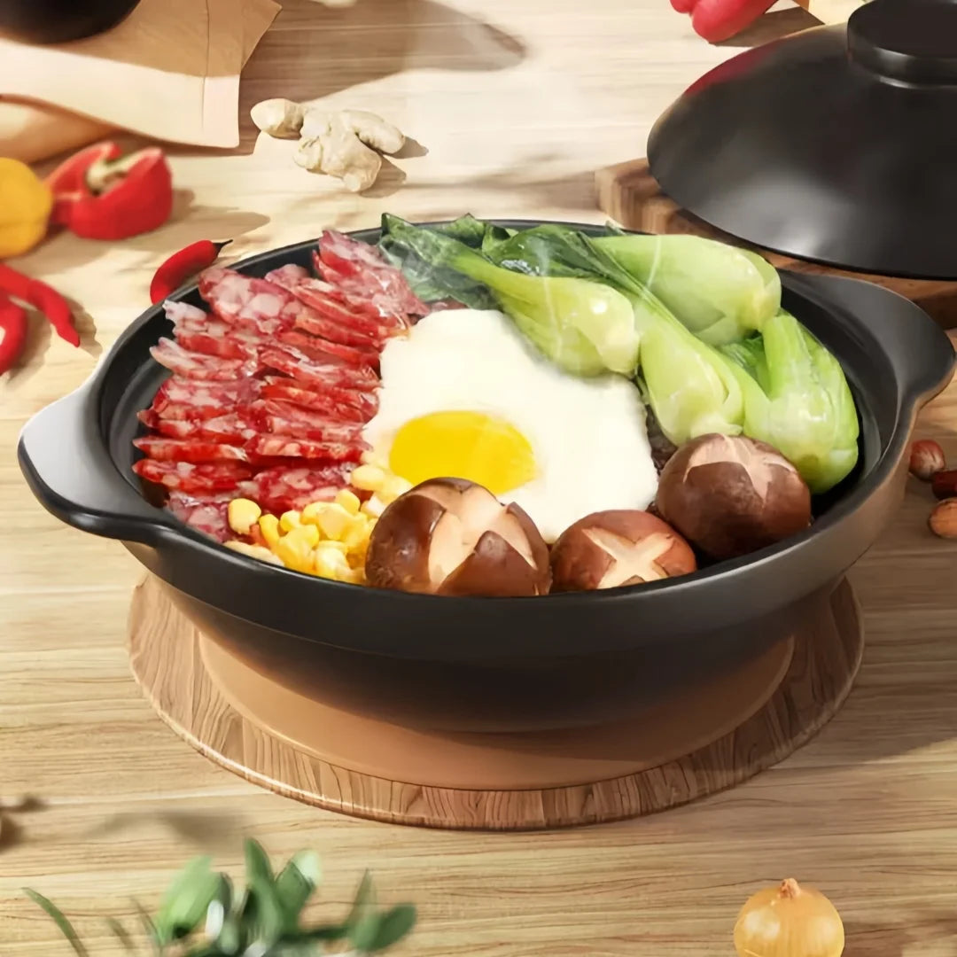 1 ceramic clay pot with lid - Traditional Asian style restaurant grade clay pot for cooking delicious rice, shallow stone bowl