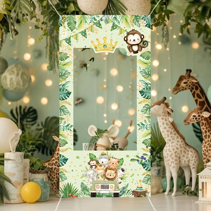 1 Jungle Safari animal birthday party photo background - with cartoon monkey, tiger and bear designs