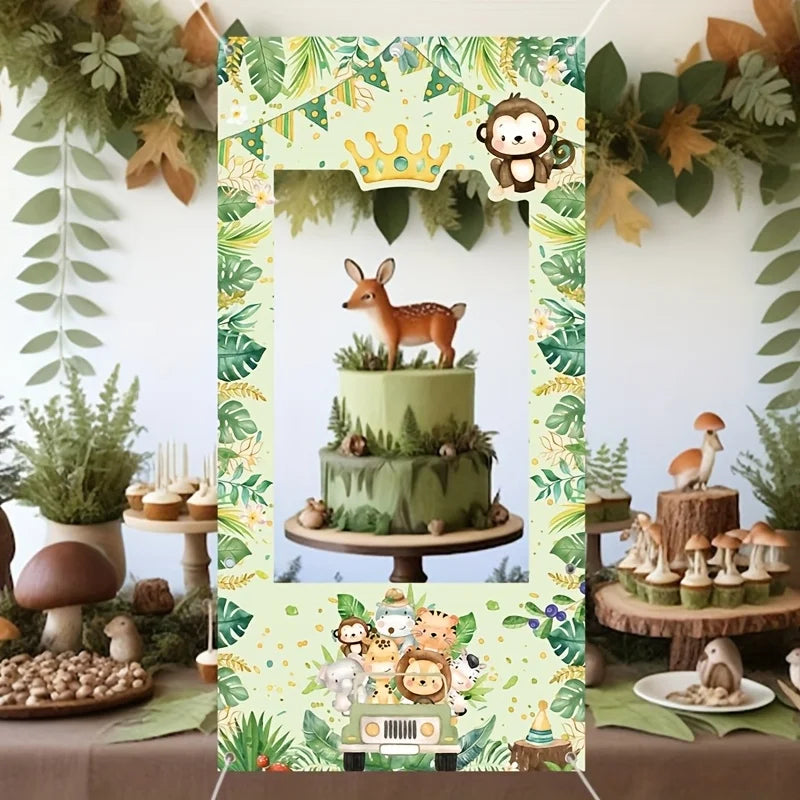 1 Jungle Safari animal birthday party photo background - with cartoon monkey, tiger and bear designs