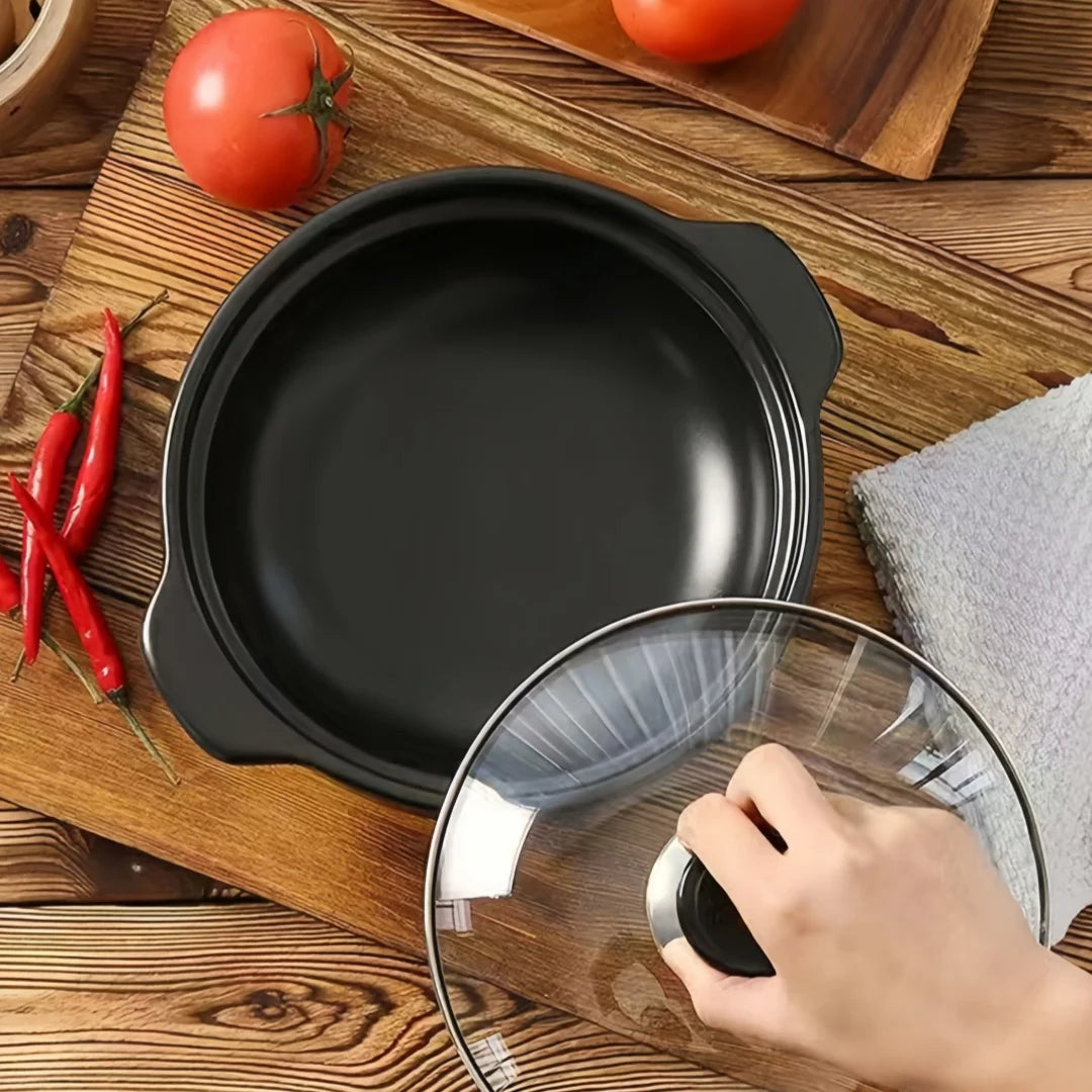 1 ceramic clay pot with lid - Traditional Asian style restaurant grade clay pot for cooking delicious rice, shallow stone bowl